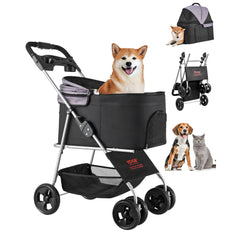VEVOR Pet Stroller, 35 lbs Weight Capacity, Foldable Dog Stroller Cart, 4 Wheels Cats Pram with Detachable Carrier &