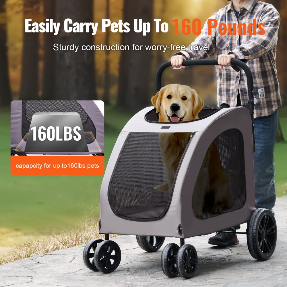 VEVOR Pet Stroller, 4 Wheels Dog Stroller with Brakes, 160lbs Weight Capacity, Portable Puppy Stroller Carrier with