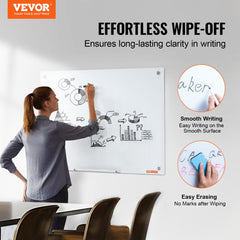 VEVOR Magnetic Glass Whiteboard, Dry Erase Board 36"x24", Wall-Mounted Large White Glassboard Frameless, with Marker