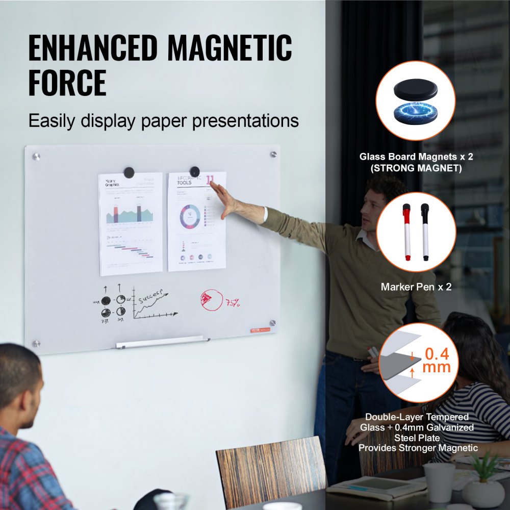 VEVOR Magnetic Glass Whiteboard, Dry Erase Board 36"x24", Wall-Mounted Large White Glassboard Frameless, with Marker