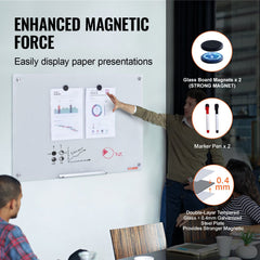 VEVOR Magnetic Glass Whiteboard, Dry Erase Board 36"x24", Wall-Mounted Large White Glassboard Frameless, with Marker