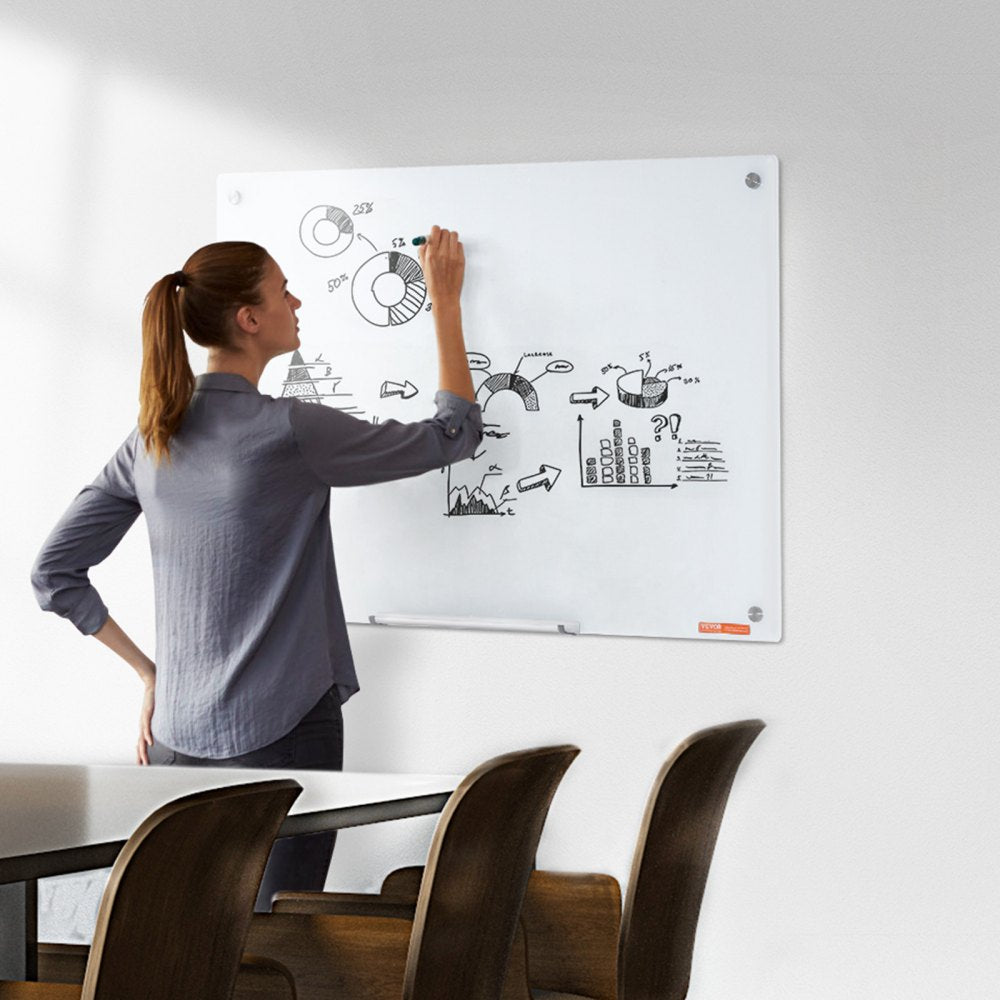 VEVOR Magnetic Glass Whiteboard, Dry Erase Board 36"x24", Wall-Mounted Large White Glassboard Frameless, with Marker