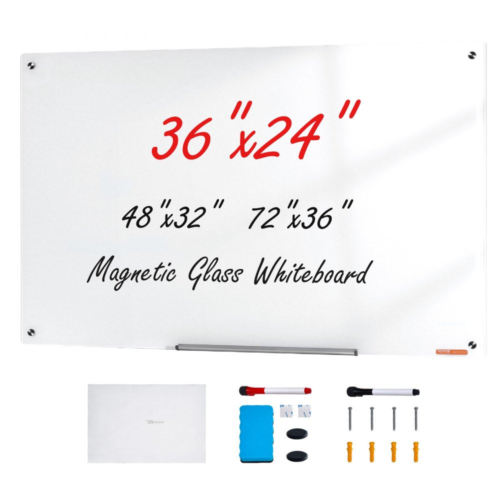 VEVOR Magnetic Glass Whiteboard, Dry Erase Board 36"x24", Wall-Mounted Large White Glassboard Frameless, with Marker