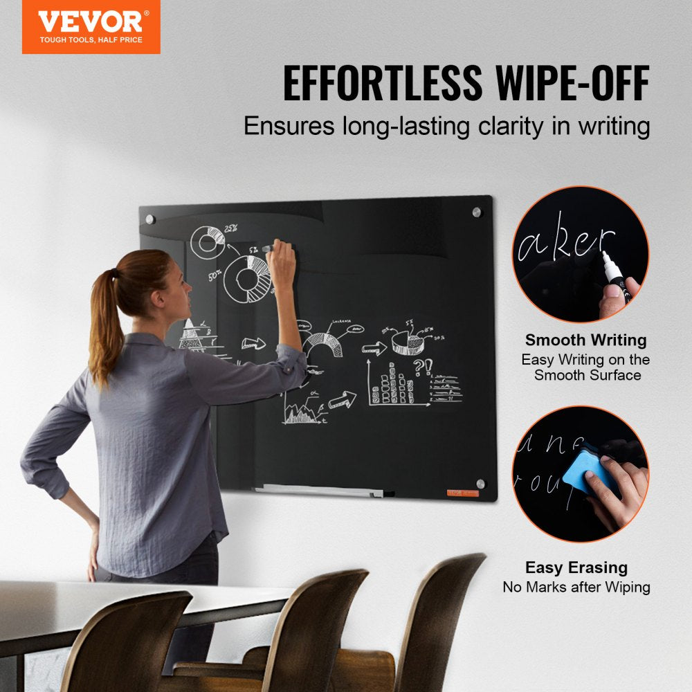 VEVOR Magnetic Glass Whiteboard, Dry Erase Board 36"x24", Wall-Mounted Large White Glassboard Frameless, with Marker