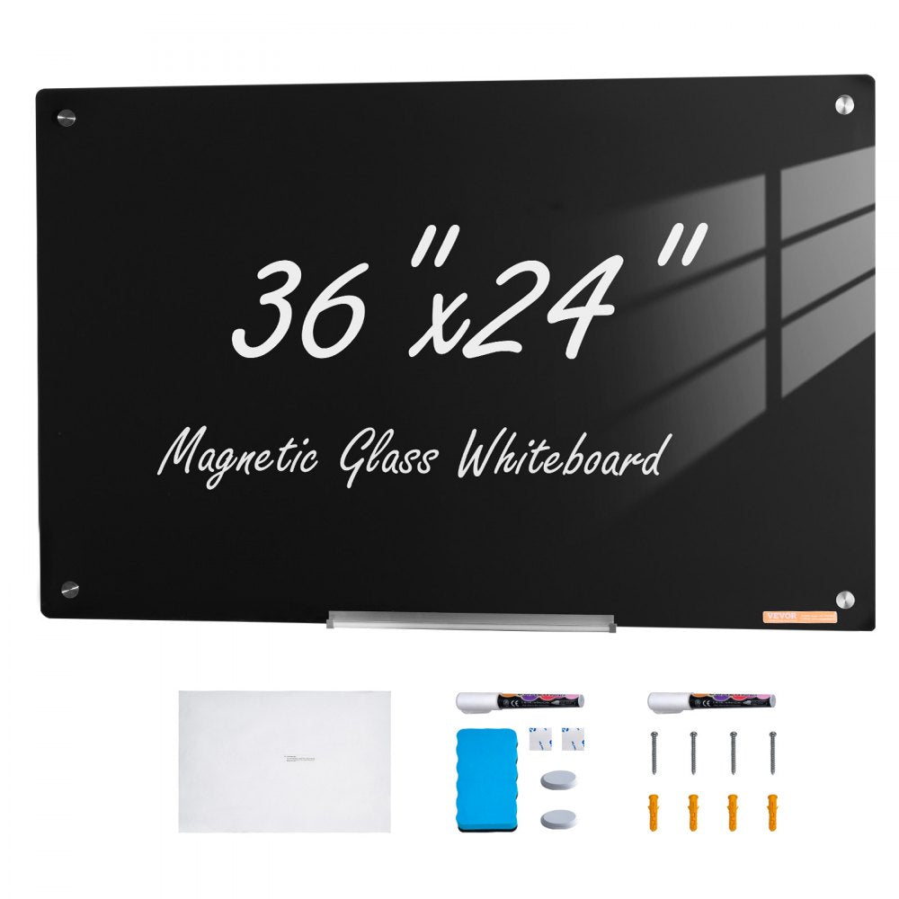 VEVOR Magnetic Glass Whiteboard, Dry Erase Board 36"x24", Wall-Mounted Large White Glassboard Frameless, with Marker