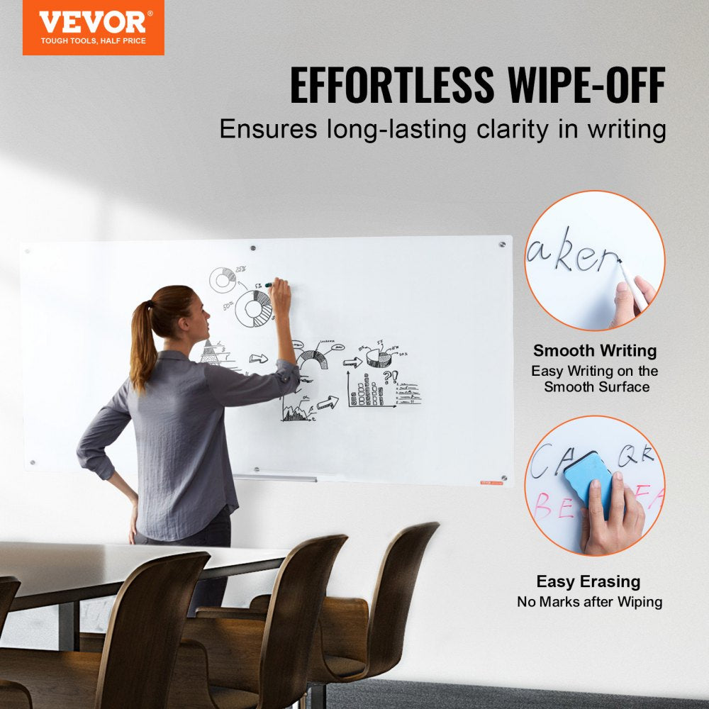 VEVOR Magnetic Glass Whiteboard, Dry Erase Board 72"x36", Wall-Mounted Large White Glassboard Frameless, with Marker