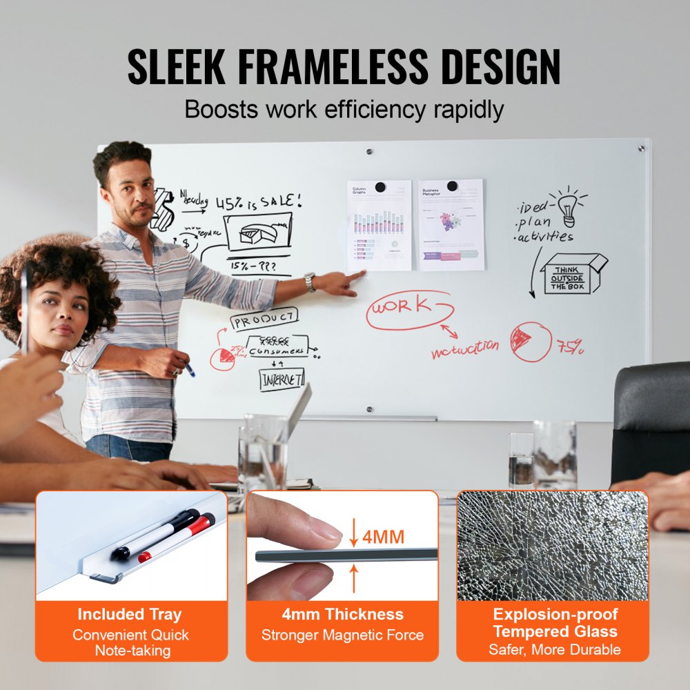VEVOR Magnetic Glass Whiteboard, Dry Erase Board 72"x36", Wall-Mounted Large White Glassboard Frameless, with Marker