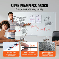 VEVOR Magnetic Glass Whiteboard, Dry Erase Board 72"x36", Wall-Mounted Large White Glassboard Frameless, with Marker
