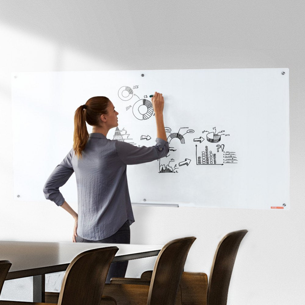 VEVOR Magnetic Glass Whiteboard, Dry Erase Board 72"x36", Wall-Mounted Large White Glassboard Frameless, with Marker