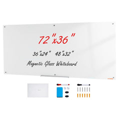 VEVOR Magnetic Glass Whiteboard, Dry Erase Board 72"x36", Wall-Mounted Large White Glassboard Frameless, with Marker