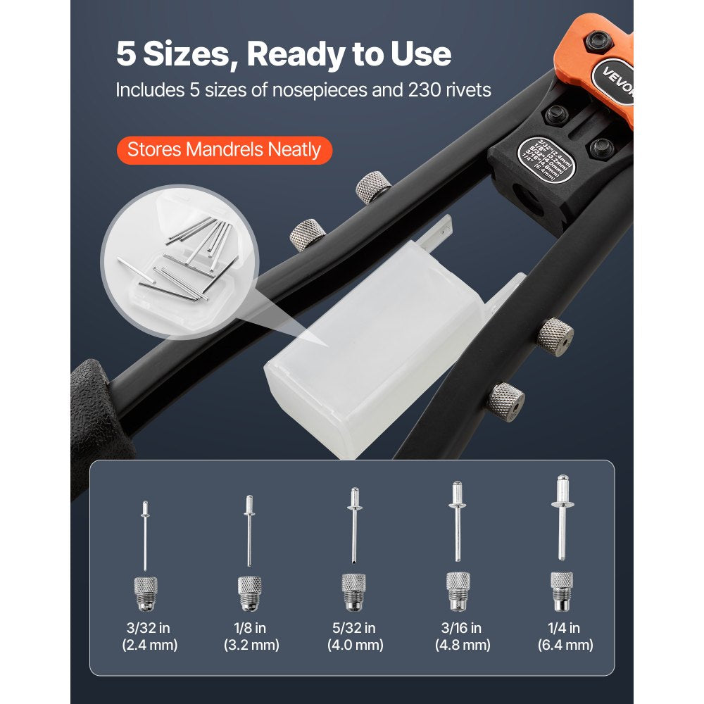 VEVOR Pop Rivet Gun Kit, with 230 Blind Rivets, Two-Handed Riveter with 5 Interchangeable Nosepieces, 5 Drill Bits, and