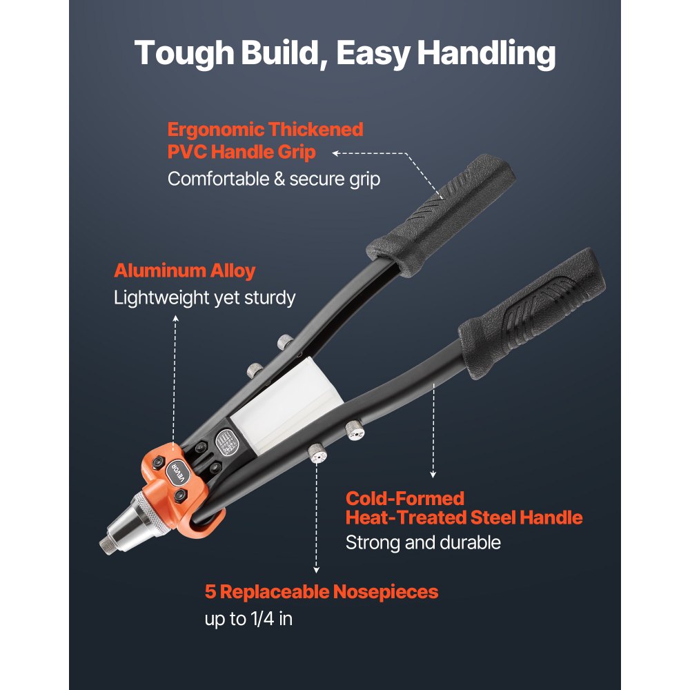 VEVOR Pop Rivet Gun Kit, with 230 Blind Rivets, Two-Handed Riveter with 5 Interchangeable Nosepieces, 5 Drill Bits, and
