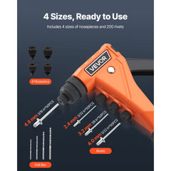 VEVOR Pop Rivet Gun Kit, with 200 Blind Rivets, Heavy Duty Single Hand Riveter with 4 Interchangeable Nosepieces, 4