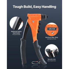 VEVOR Pop Rivet Gun Kit, with 200 Blind Rivets, Heavy Duty Single Hand Riveter with 4 Interchangeable Nosepieces, 4