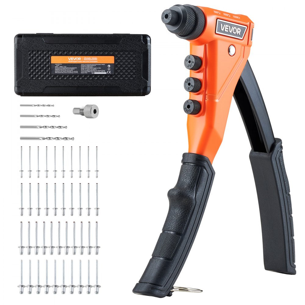 VEVOR Pop Rivet Gun Kit, with 200 Blind Rivets, Heavy Duty Single Hand Riveter with 4 Interchangeable Nosepieces, 4