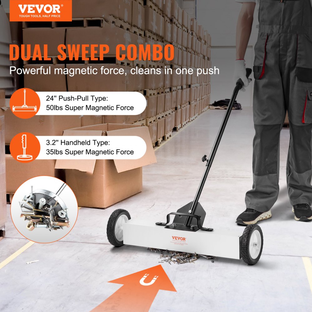 VEVOR 24-Inch Magnetic Sweeper with Wheels, 50 lbs Capacity, with Telescoping Magnetic Pickup Tool, Adjustable Handle