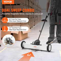 VEVOR 24-Inch Magnetic Sweeper with Wheels, 50 lbs Capacity, with Telescoping Magnetic Pickup Tool, Adjustable Handle