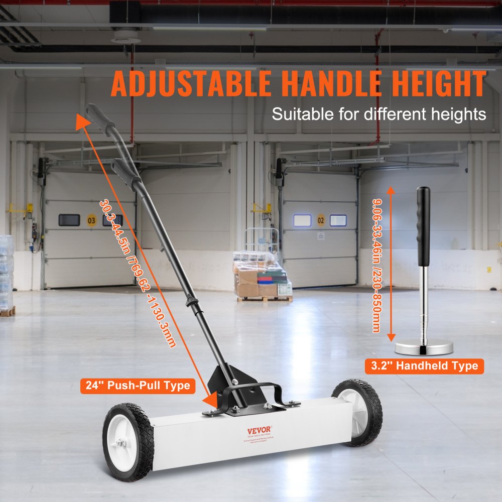 VEVOR 24-Inch Magnetic Sweeper with Wheels, 50 lbs Capacity, with Telescoping Magnetic Pickup Tool, Adjustable Handle