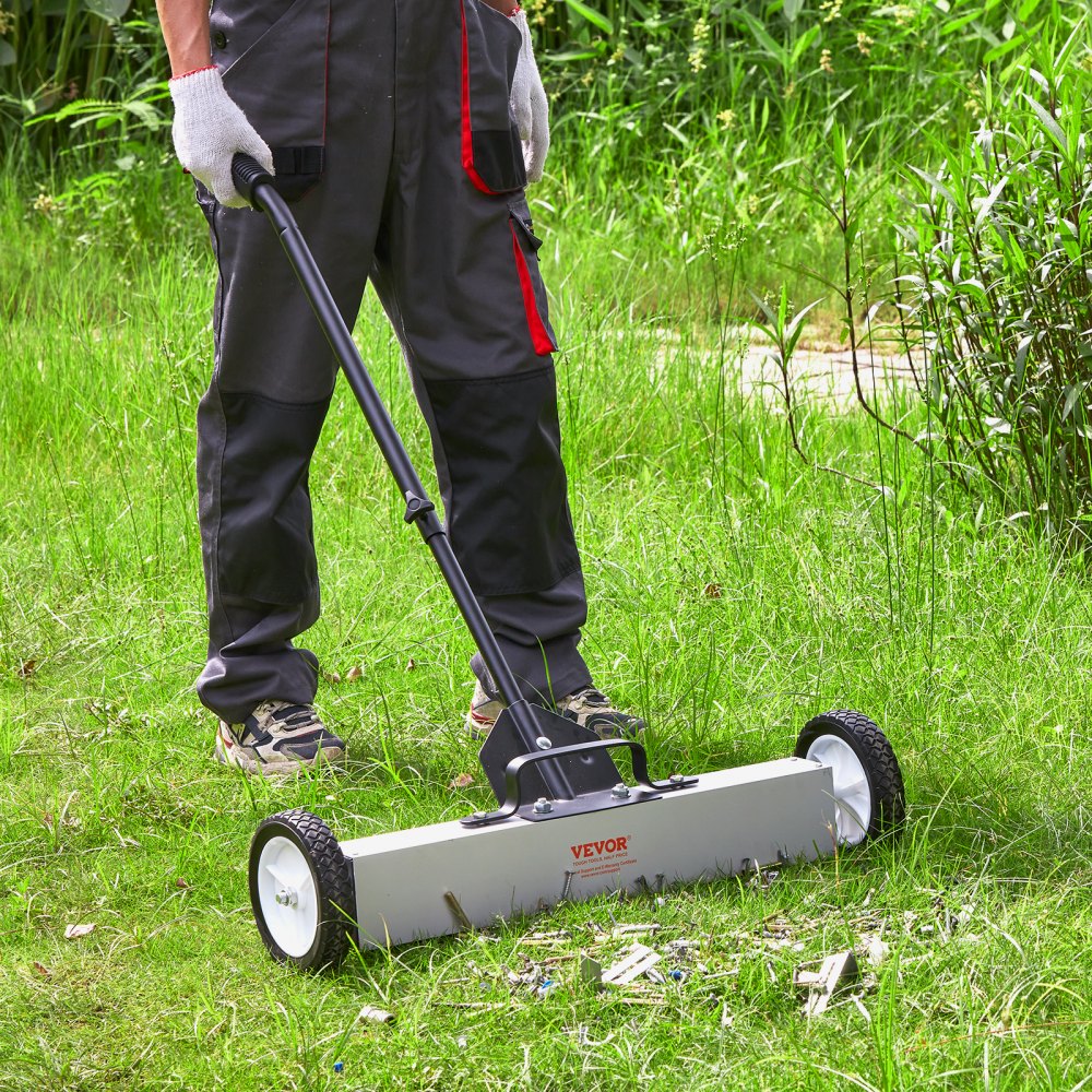 VEVOR 24-Inch Magnetic Sweeper with Wheels, 50 lbs Capacity, with Telescoping Magnetic Pickup Tool, Adjustable Handle