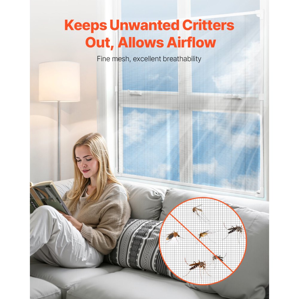 VEVOR Magnetic Window Screen, 58.27 x 39.17 inch PVC and Fiberglass Mesh, White Frames with Black Magnetic Strip and