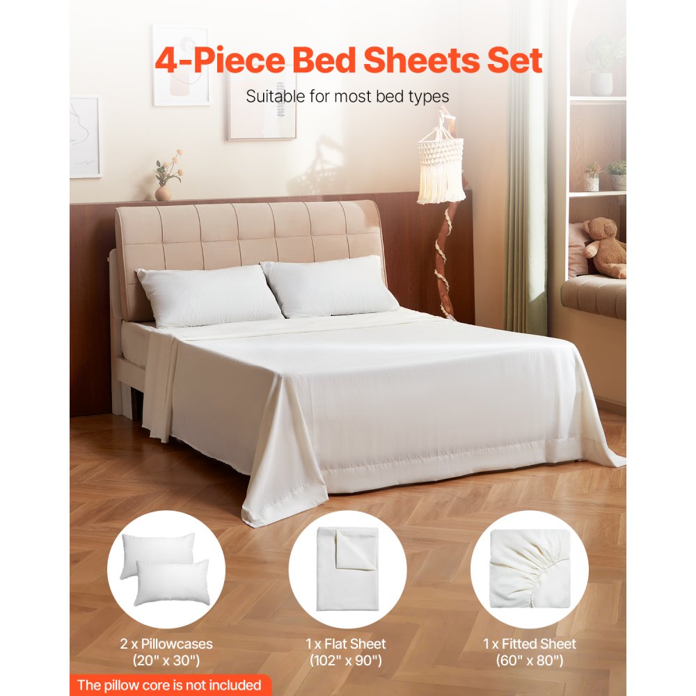 VEVOR 4-Piece Bed Sheet Set - Queen Size, 100% Brushed Microfiber Bedding Set with 2 Pillowcases, 1 Flat Sheet & 1