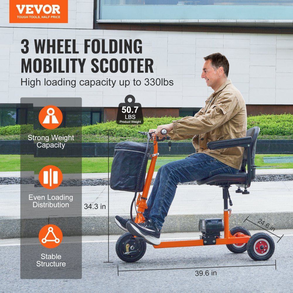 VEVOR Foldable 3 Wheel Mobility Scooter for Seniors, Portable Electric Powered Mobility Scooter with 12 Mile Long