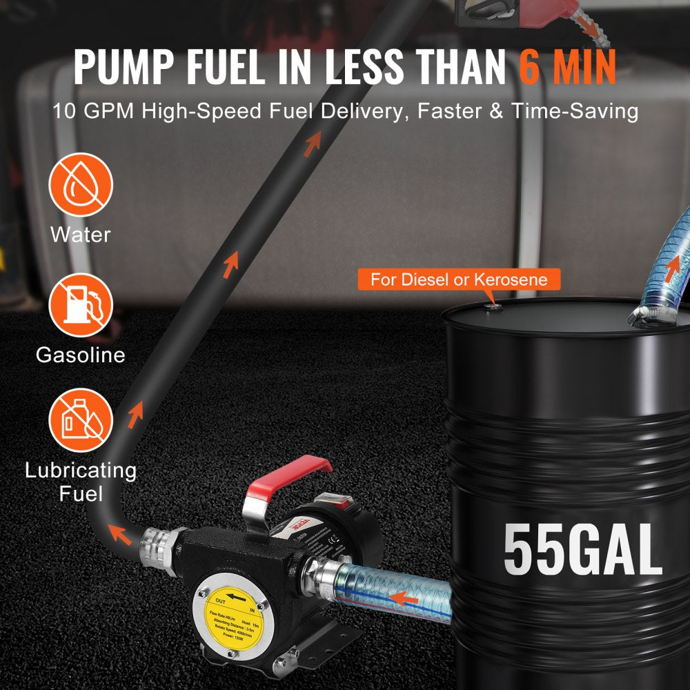 VEVOR Fuel Transfer Pump 12V 10 GPM 1/4HP Diesel Pump with Auto Fuel Nozzle, for Kerosene Transformer Oil, 30 ft Max