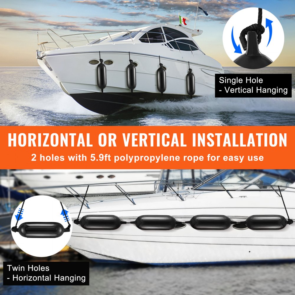 VEVOR Boat Fenders, 5.5" x 20" Boat Bumpers for Docking, Inflatable Ribbed Fender with Center Holes, Marine Boat Dock