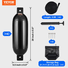 VEVOR Boat Fenders, 5.5" x 20" Boat Bumpers for Docking, Inflatable Ribbed Fender with Center Holes, Marine Boat Dock