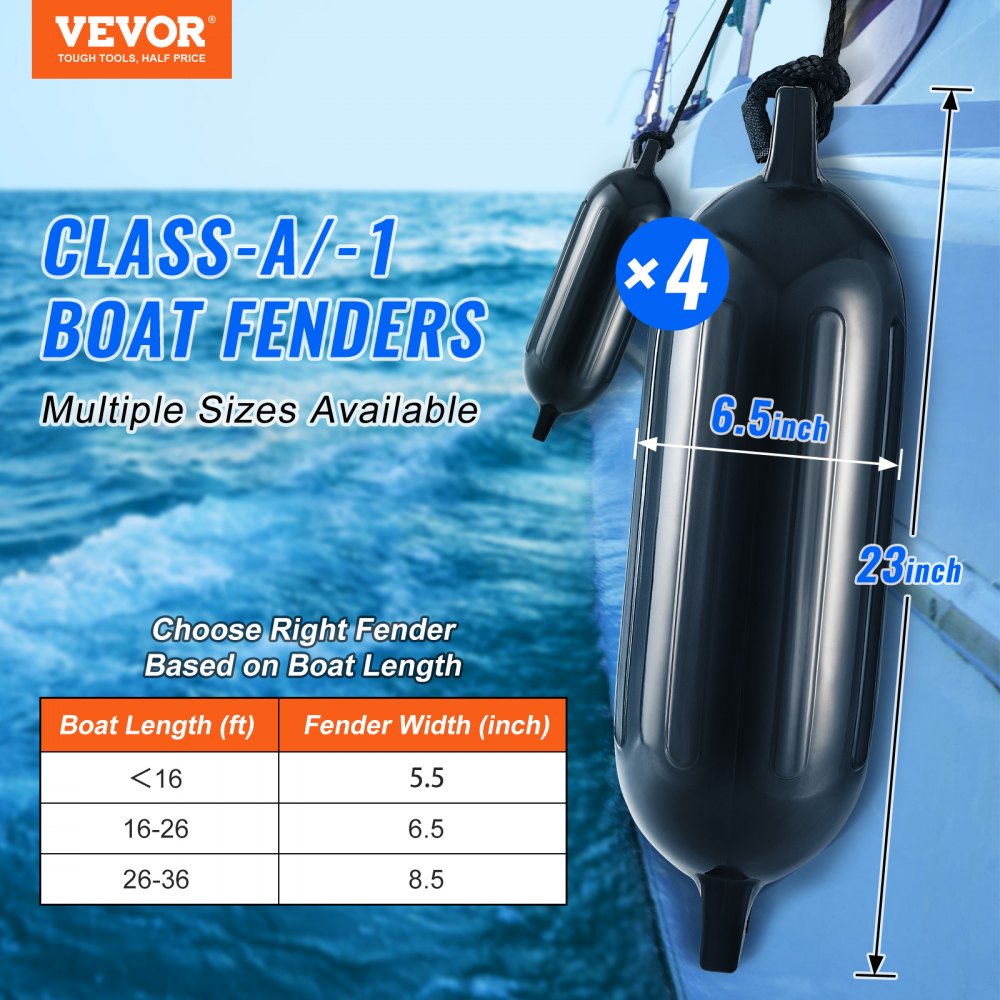 VEVOR Boat Fenders, 6.5" x 23" Boat Bumpers for Docking, Inflatable Ribbed Fender with Center Holes, Marine Boat Dock