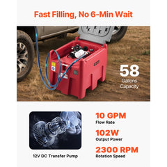 VEVOR Portable Diesel & Gasoline Tank, 58 Gallon, 10 GPM Flow Rate, Diesel Fuel Tank with 12V Electric Transfer Pump