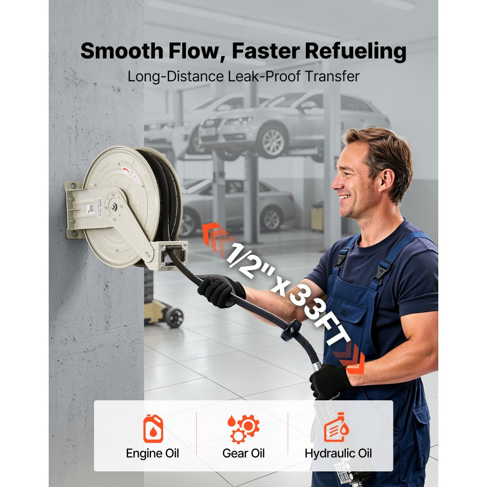 VEVOR Oil Hose Reel, 1/2 inch x 33 ft Retractable, Spring Driven Auto Swivel Rewind, Max 3625 PSI, Heavy-Duty Carbon