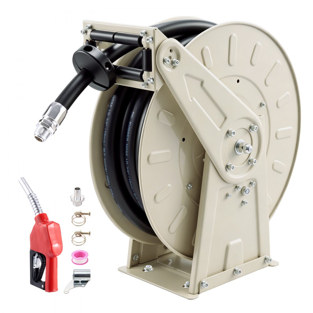 VEVOR Fuel Hose Reel, 3/4 inch x 33 ft Retractable, Spring Driven Auto Swivel Rewind, 300 PSI, Heavy-Duty Carbon Steel