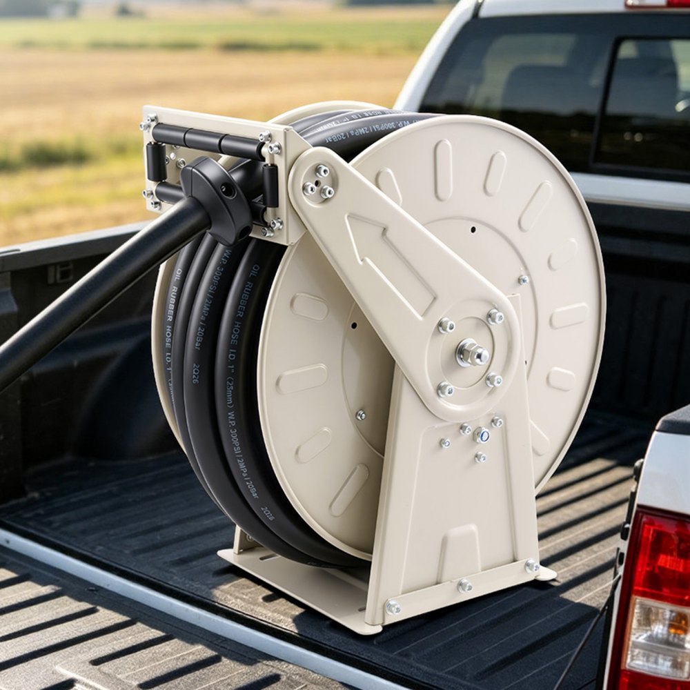 VEVOR Fuel Hose Reel, 1 inch x 50 ft Retractable, Spring Driven Auto Swivel Rewind, 300 PSI, Heavy-Duty Carbon Steel