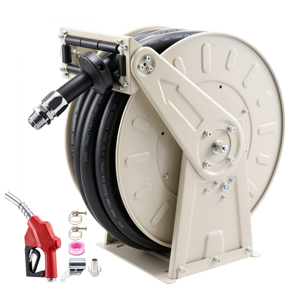 VEVOR Fuel Hose Reel, 1 inch x 50 ft Retractable, Spring Driven Auto Swivel Rewind, 300 PSI, Heavy-Duty Carbon Steel