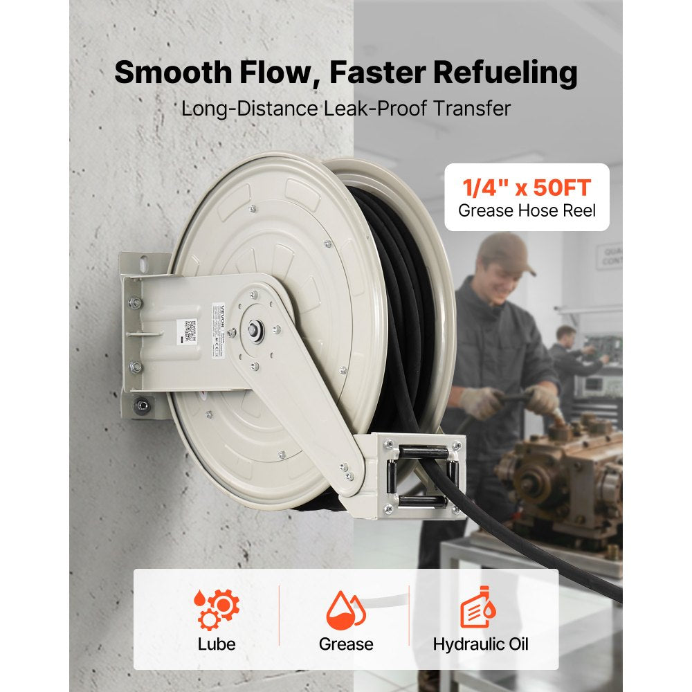 VEVOR Grease Hose Reel, 1/4 in x 50 ft Retractable, Spring Driven Auto Swivel Rewind, Max 10152 PSI, Heavy-Duty Carbon