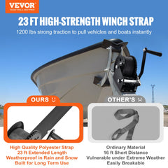 VEVOR Hand Winch, 1200 lbs Pulling Capacity, Boat Trailer Winch Heavy Duty Rope Crank with 23 ft Polyester Strap and