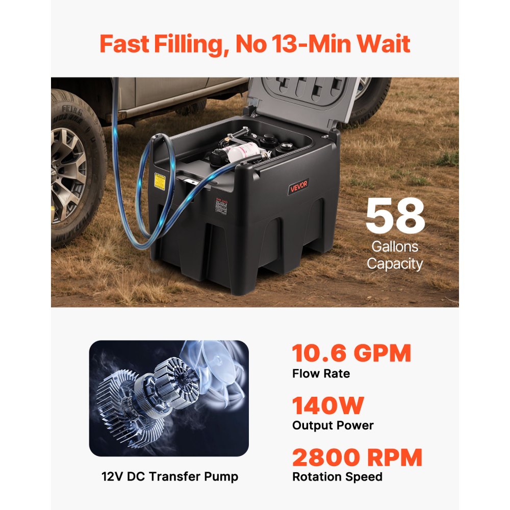 VEVOR Portable Diesel Tank, 58 Gallon Capacity & 10 GPM Flow Rate, Fuel Tank with 12V Electric Transfer Pump and 13.1ft