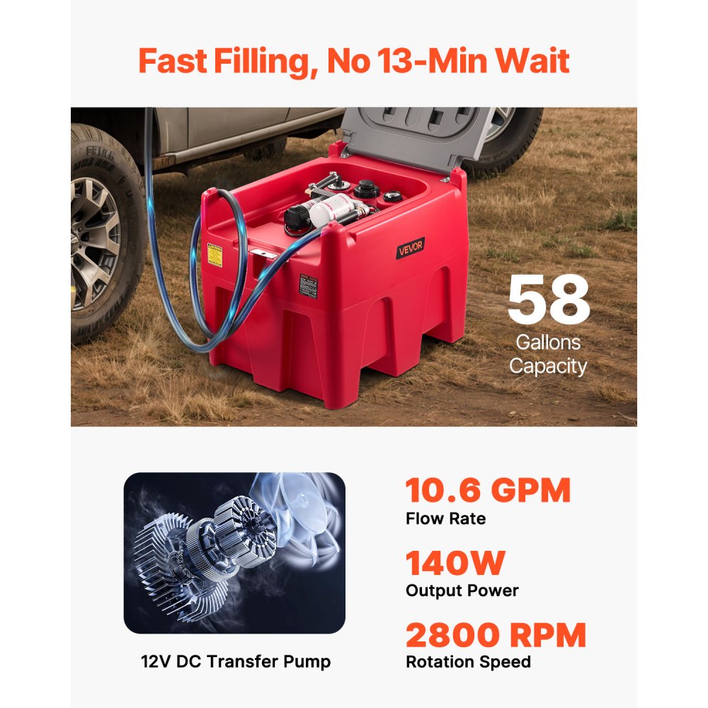 VEVOR Portable Diesel Tank, 58 Gallon Capacity & 10.6 GPM Flow Rate, Fuel Tank with 12V Electric Transfer Pump and