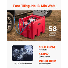 VEVOR Portable Diesel Tank, 58 Gallon Capacity & 10.6 GPM Flow Rate, Fuel Tank with 12V Electric Transfer Pump and