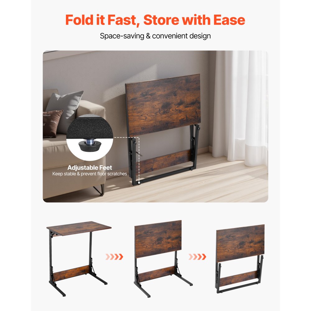 VEVOR C Table, Folding C Shaped End Table with Metal Frame & Adjustable Feet, Foldable C Shaped Side Table for Living