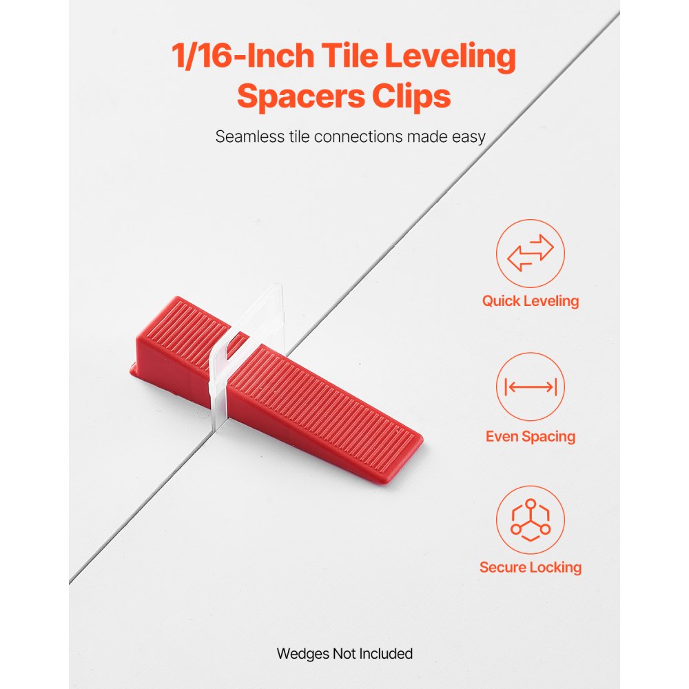 VEVOR Tile Leveling System Clips, 2200-Piece DIY Tile Leveler Spacers, 1/16"(1.5 mm) Tile Leveler Clips, Tile Leveling