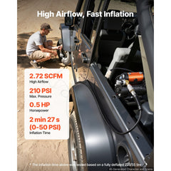 VEVOR 12V Air Compressor 0.5HP 2.72 SCFM Portable Tire Inflator Max 210PSI, Heavy Duty Offroad Air Pump with