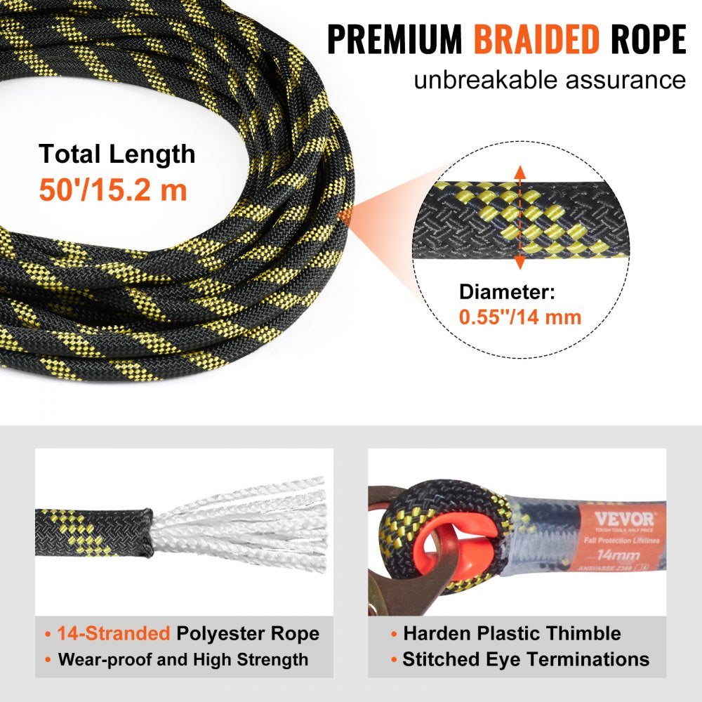VEVOR Vertical Lifeline Assembly, 0.55'' x 50' Fall Protection Rope with 30 KN Breaking Tension, Polyester Roofing Rope