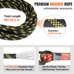 VEVOR Vertical Lifeline Assembly, 0.55'' x 50' Fall Protection Rope with 30 KN Breaking Tension, Polyester Roofing Rope