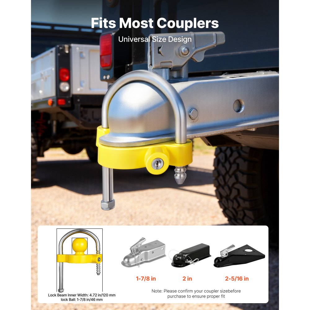 VEVOR Trailer Hitch Lock Kit, Fits for 1-7/8 in, 2 in, 2-5/16 in Couplers, Heavy-Duty Anti-Theft Trailer Ball Lock with