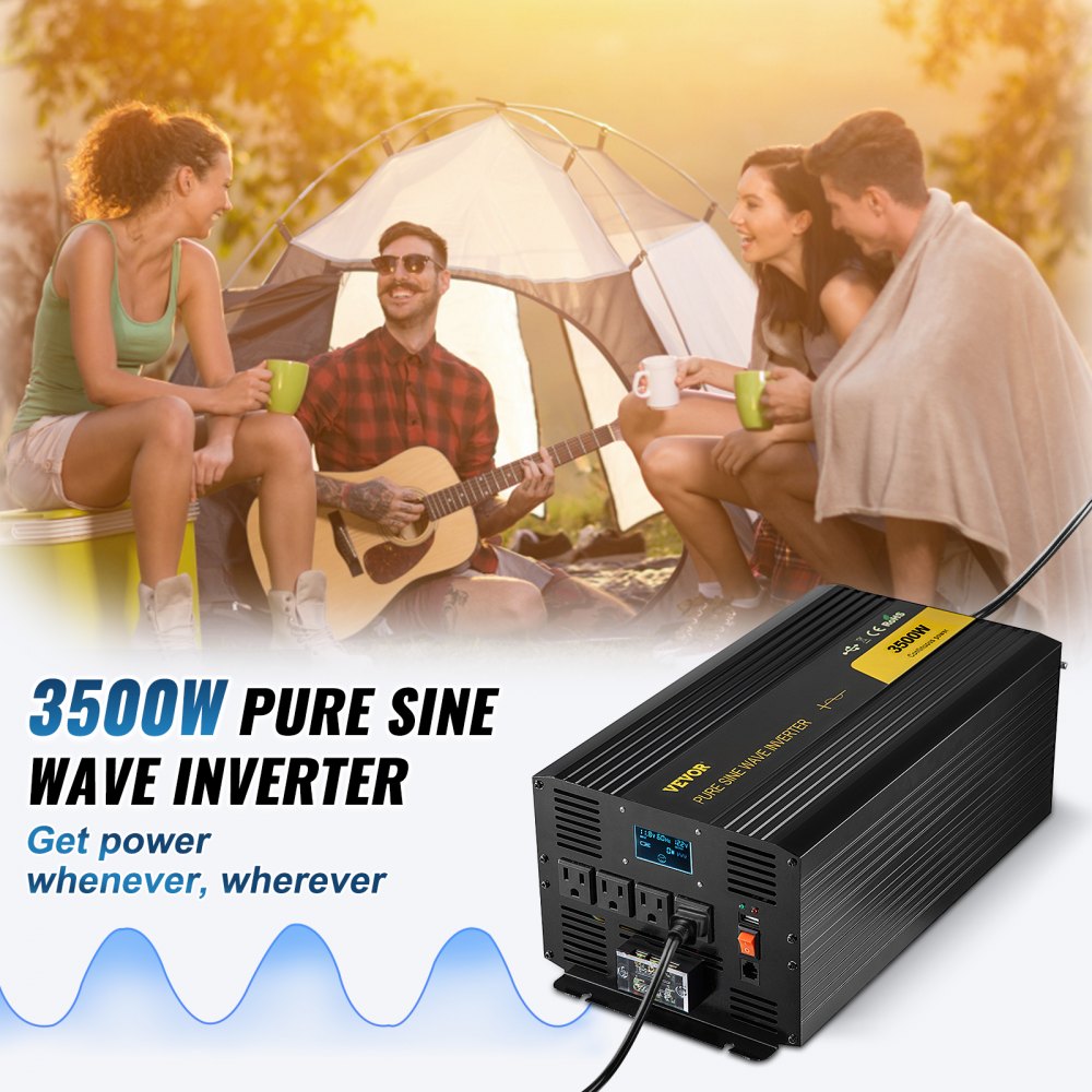 VEVOR Pure Sine Wave Inverter 3500 Watt Power Inverter, DC 12V to AC 120V Car Inverter, with USB Port LCD Display