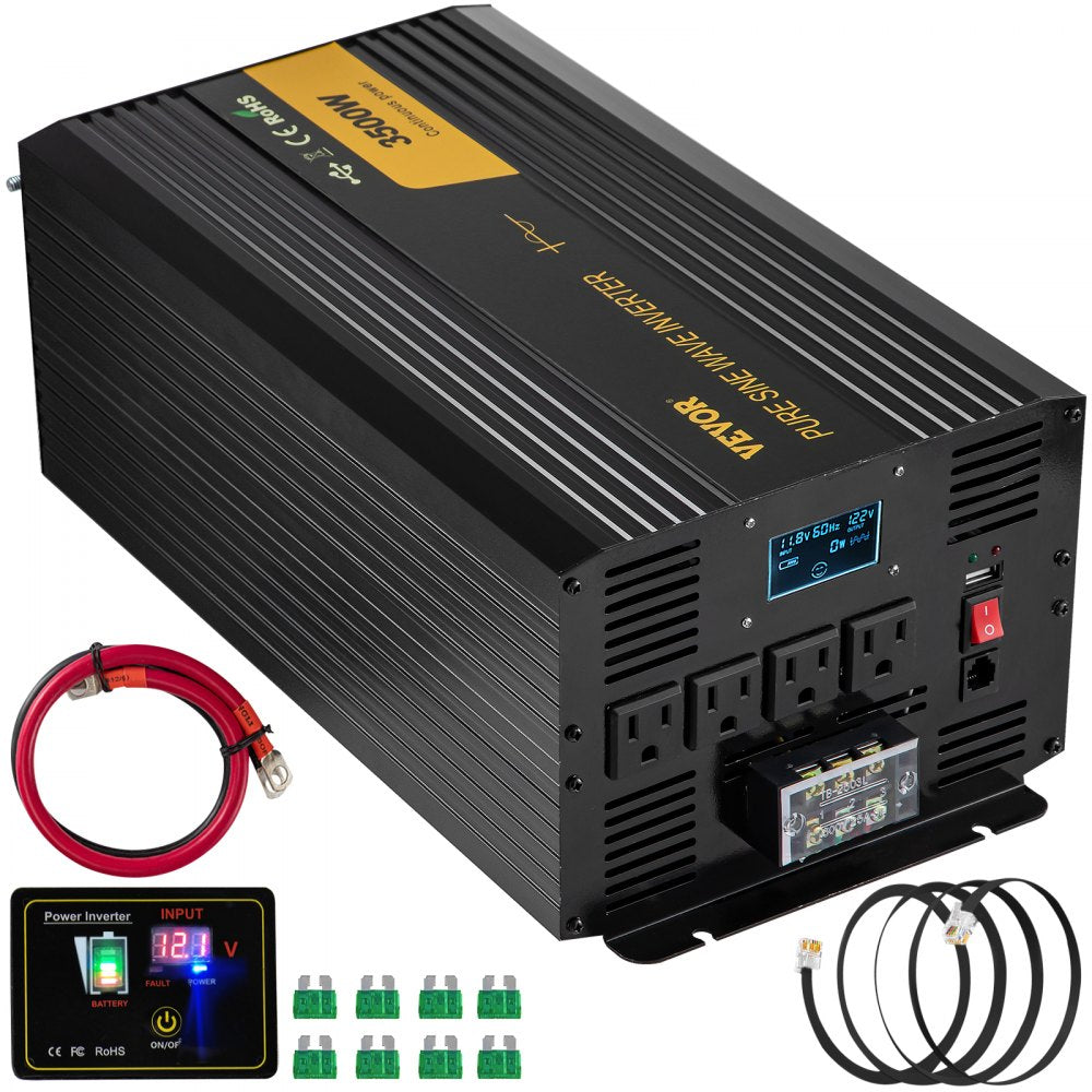 VEVOR Pure Sine Wave Inverter 3500 Watt Power Inverter, DC 12V to AC 120V Car Inverter, with USB Port LCD Display