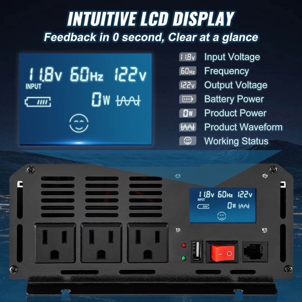 VEVOR Pure Sine Wave Inverter, 2500 Watt Power Inverter, DC 12V to AC 120V Car Inverter, with USB Port, LCD Display