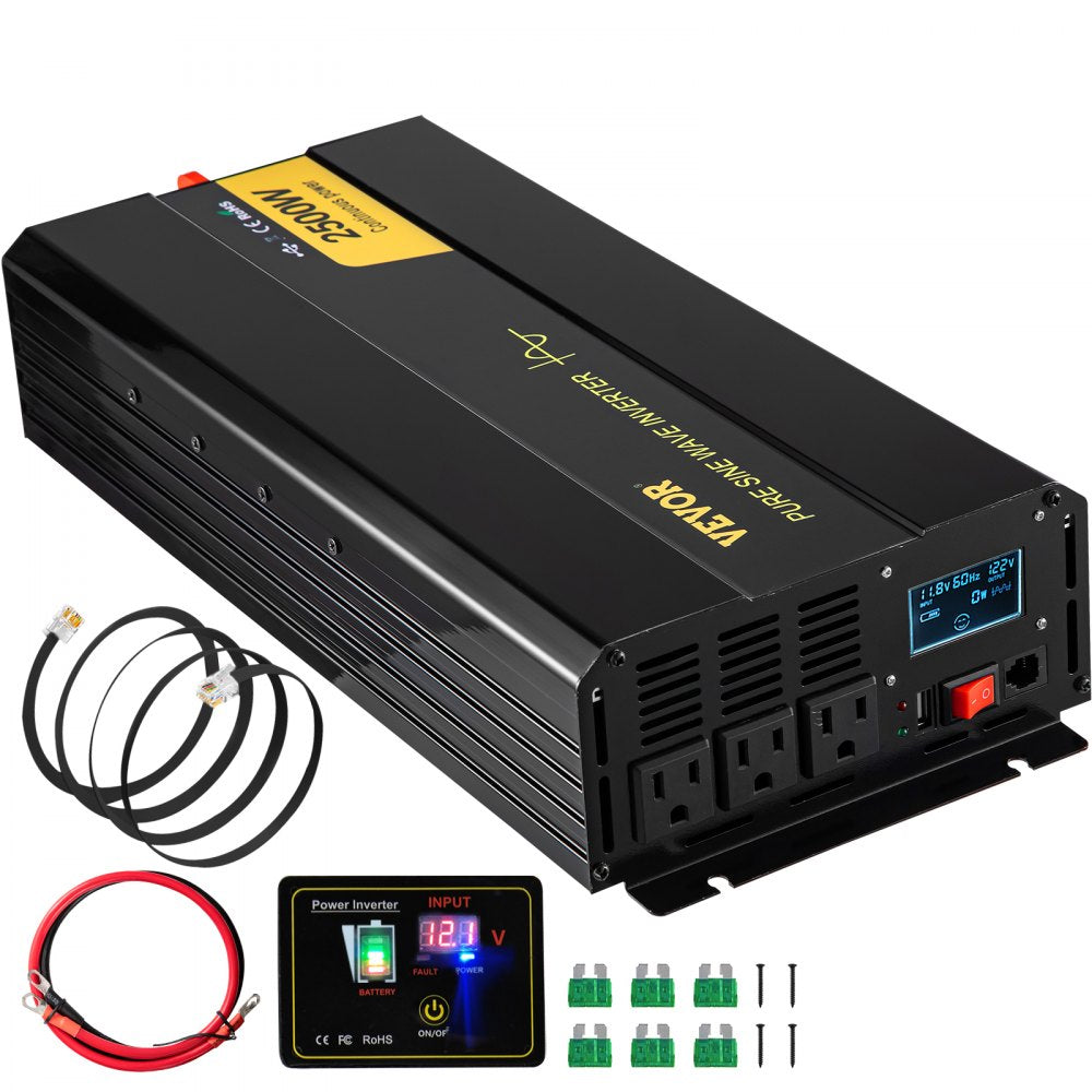 VEVOR Pure Sine Wave Inverter, 2500 Watt Power Inverter, DC 12V to AC 120V Car Inverter, with USB Port, LCD Display
